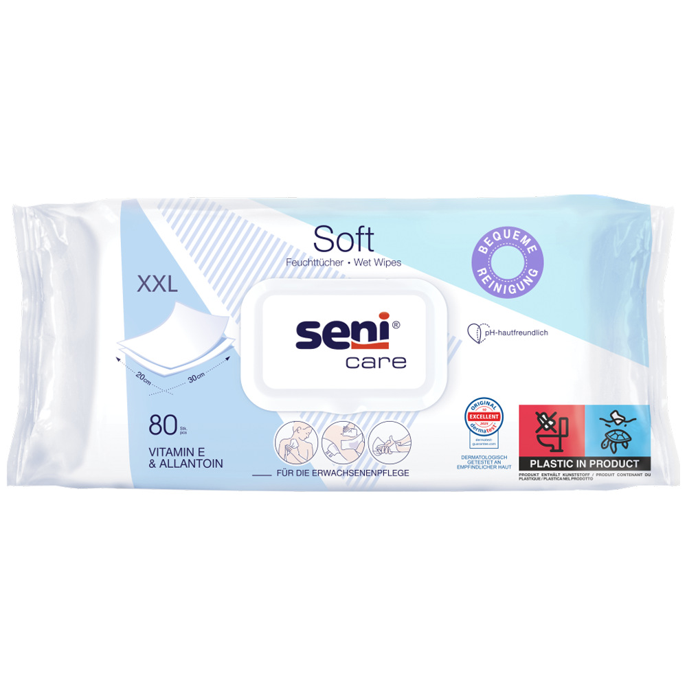 Bild der Verpackung der Seni Care Soft Feuchttücher